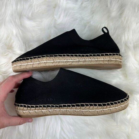 Prada Cloth Sock Style Espadrille Slip On Shoes in Black - Picture 3 of 6